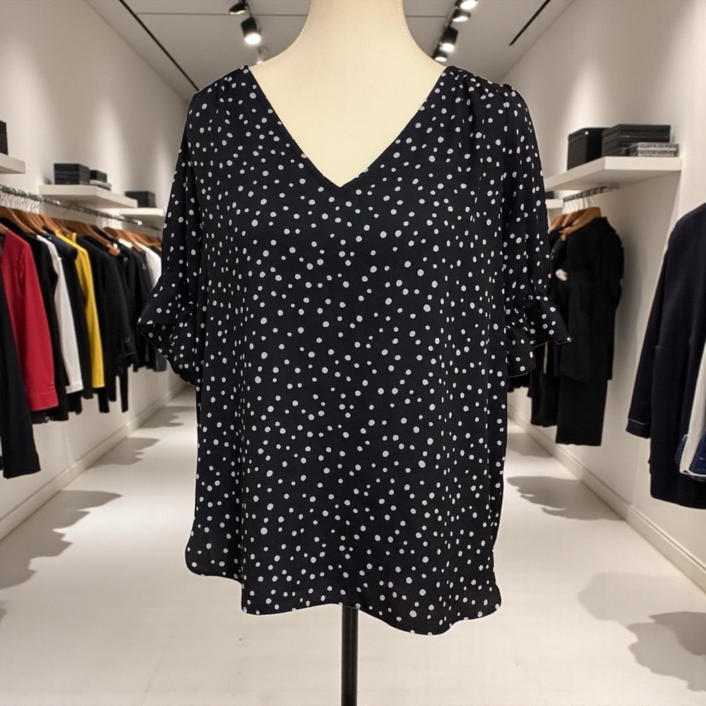 LOFT Black & White Polka Dot V-Neck Ruffle Sleeve Blouse Size S